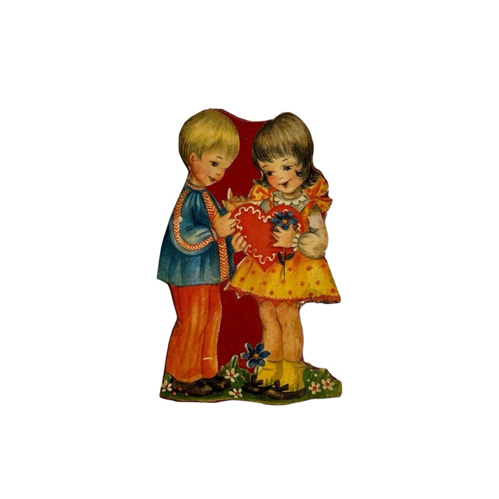 Vintage Handmade Retro Valentines Day Boy & Girl Decoupage Pin Mid-Century Art